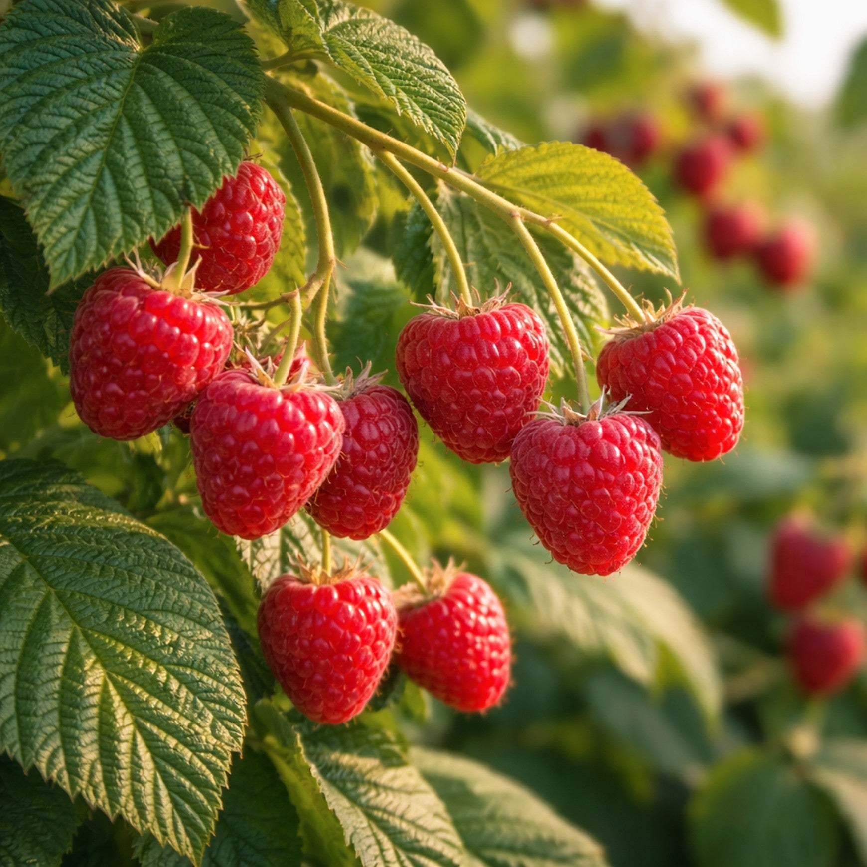 Almanac Planting Co: Nova Raspberry plant with clusters of ripe red raspberries growing on the cane
