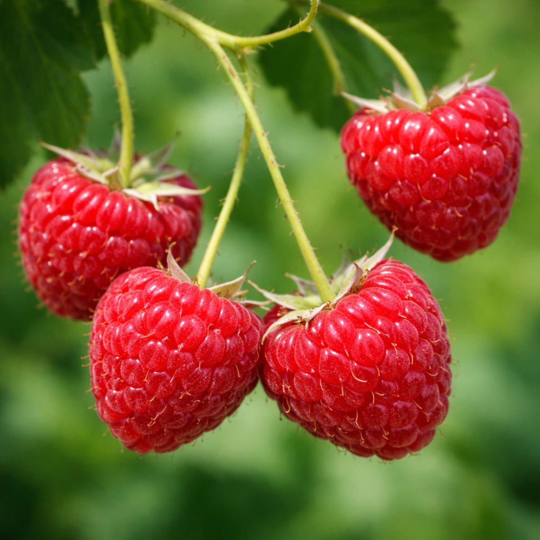Almanac Planting Co: Close-up of Nova Raspberry fruit showing bright red raspberries ready for harvest
