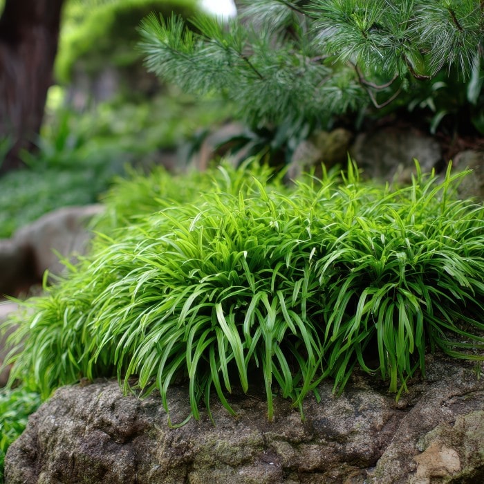 Almanac Planting Co: Dwarf Mondo Grass ‘Nana’ forming a lush, low evergreen mat along a shaded rock border.