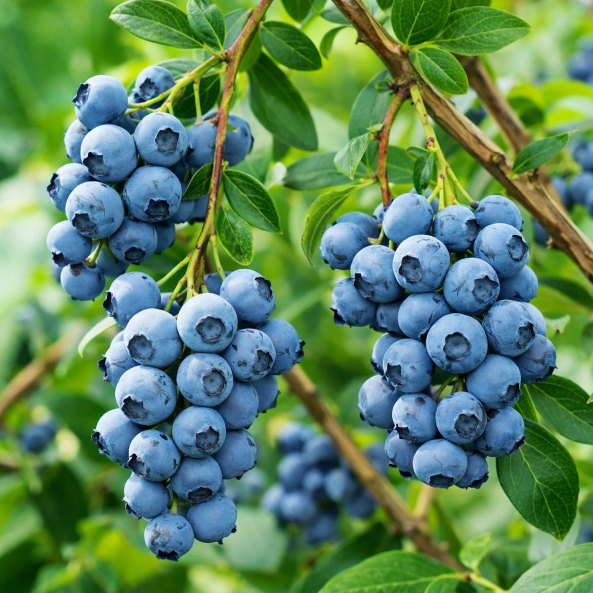 Almanac Planting Co: Close-up of Vaccinium 'Ornablue' blueberry clusters ripening on the plant