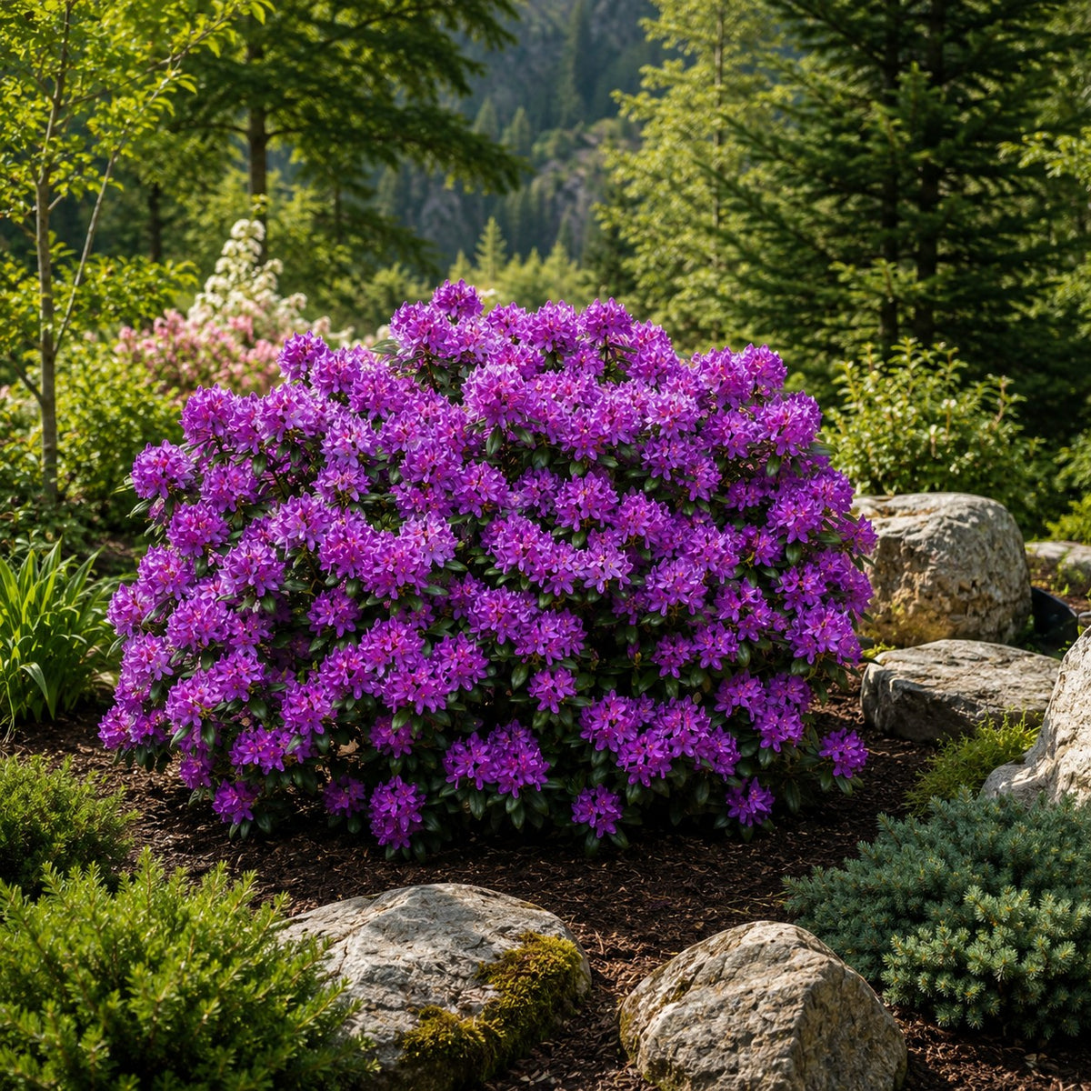 Almanac Planting Co: Mature PJM Rhododendron in purple bloom growing in a naturalistic boulder garden with conifers and woodland landscaping