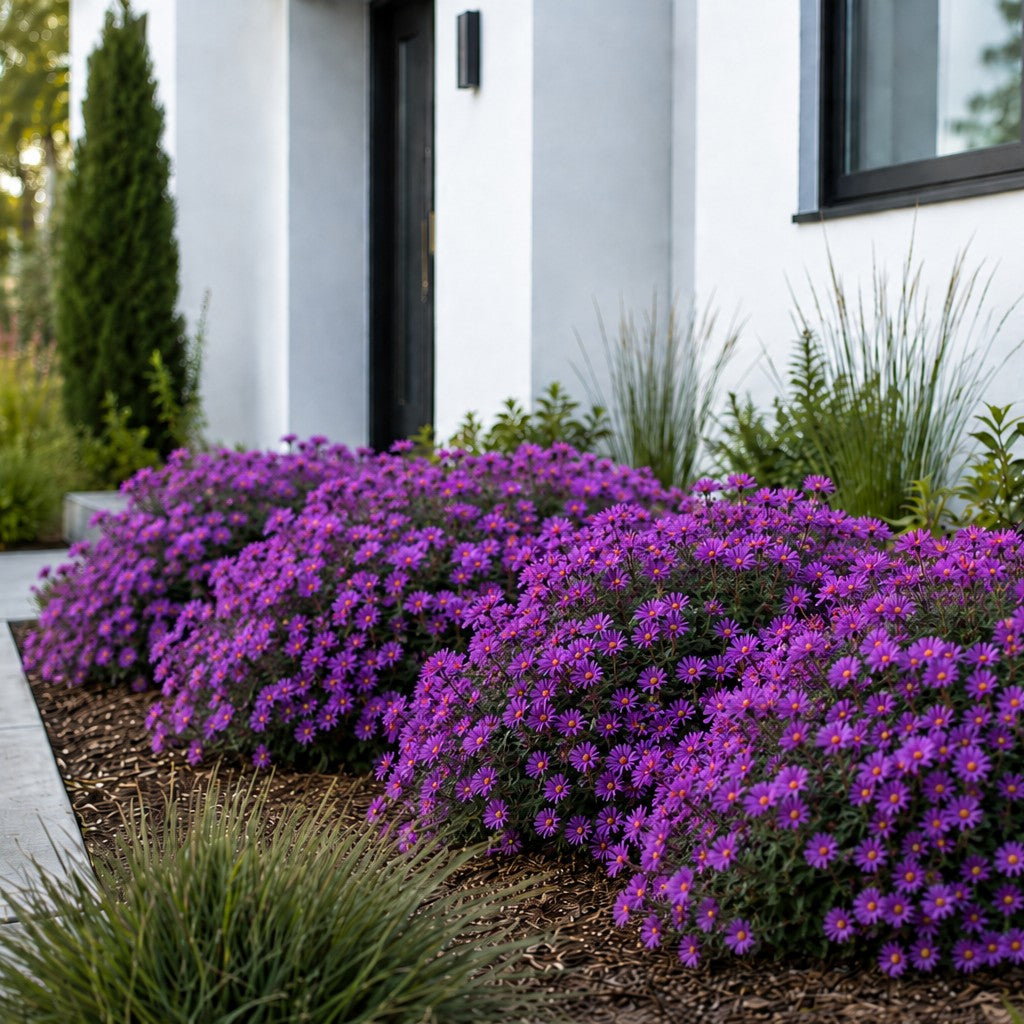 Almanac Planting Co: Purple Dome New England Aster forming compact mounds of purple flowers beside a modern white house