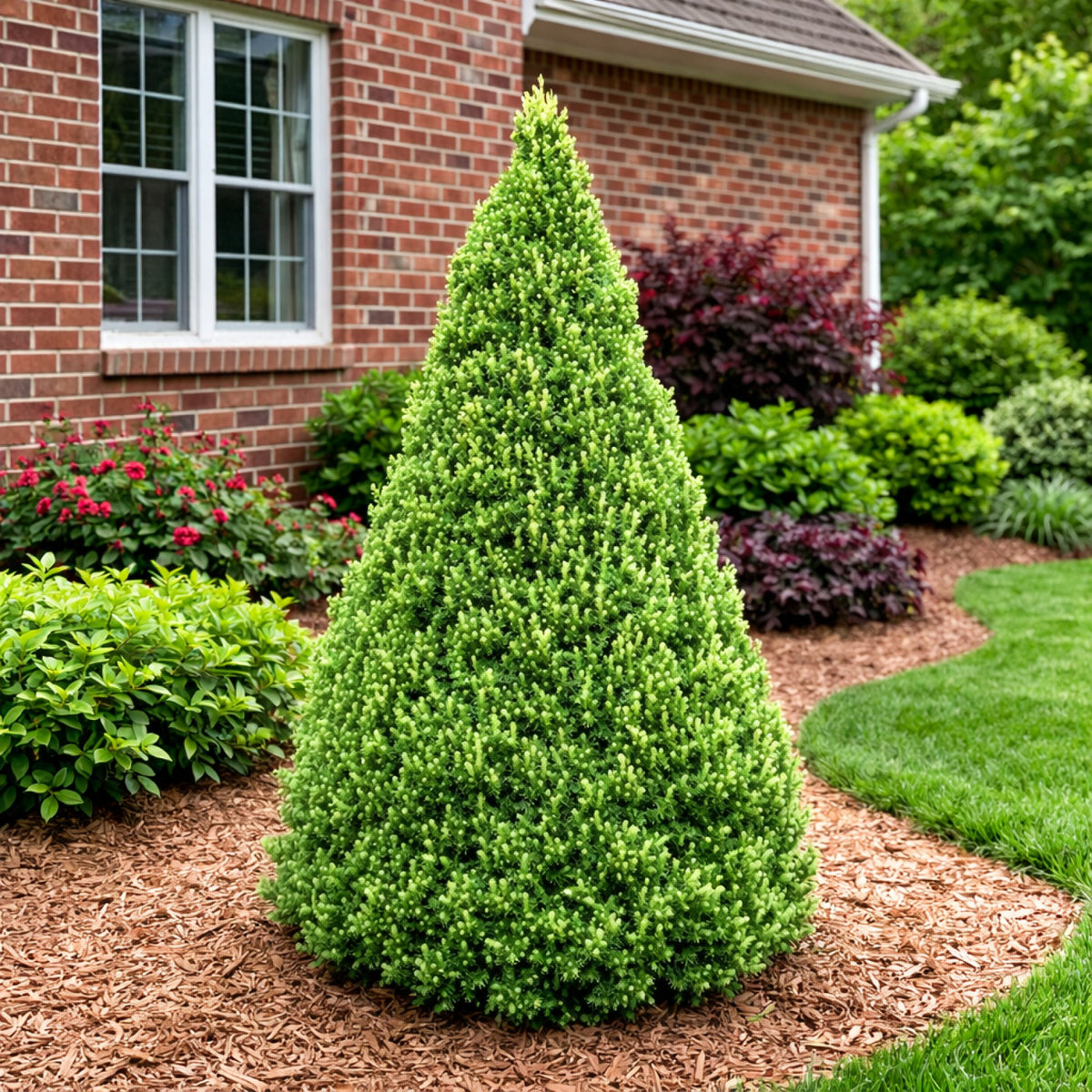 Almanac Planting Co: Rainbow’s End Spruce (Picea glauca 'Rainbow’s End') cone-shaped evergreen shrub planted in a landscaped garden bed near a home