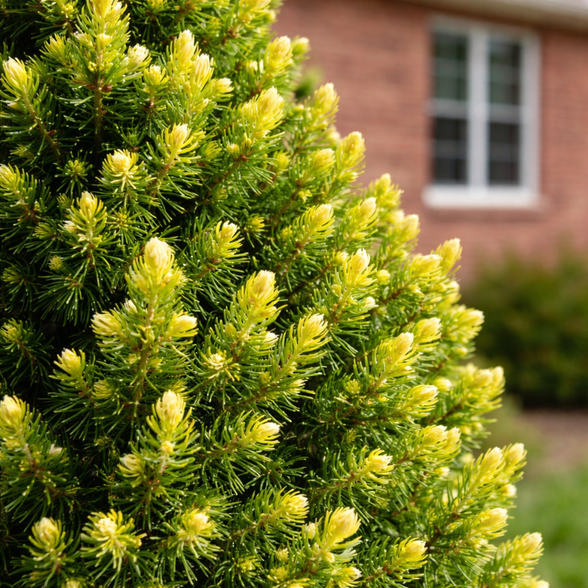 Almanac Planting Co: Close-up of Rainbow’s End Spruce foliage showing bright golden yellow new growth on Picea glauca 'Rainbow’s End'