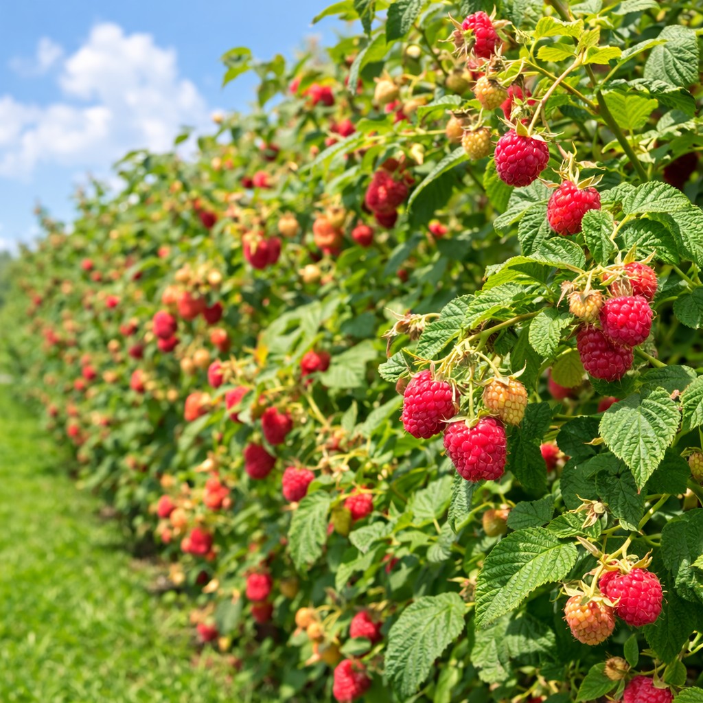 Almanac Planting Co: Heritage Raspberry plants growing in rows with ripe red raspberries