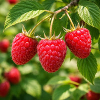 Almanac Planting Co: Close-up of ripe Heritage raspberries on raspberry cane