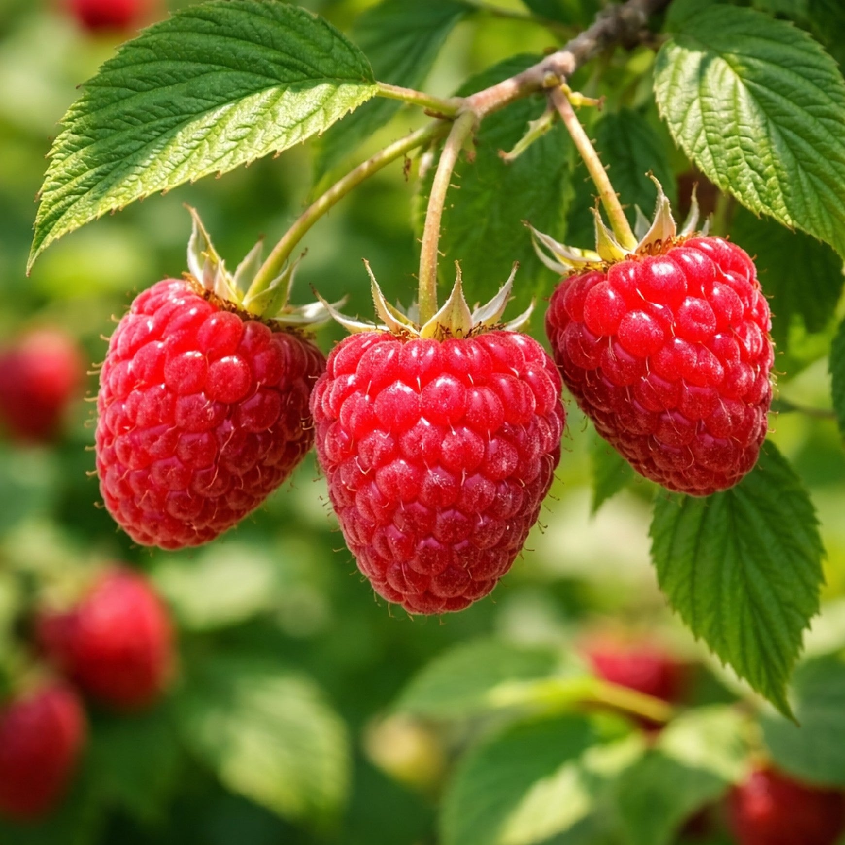 Almanac Planting Co: Close-up of ripe Heritage raspberries on raspberry cane