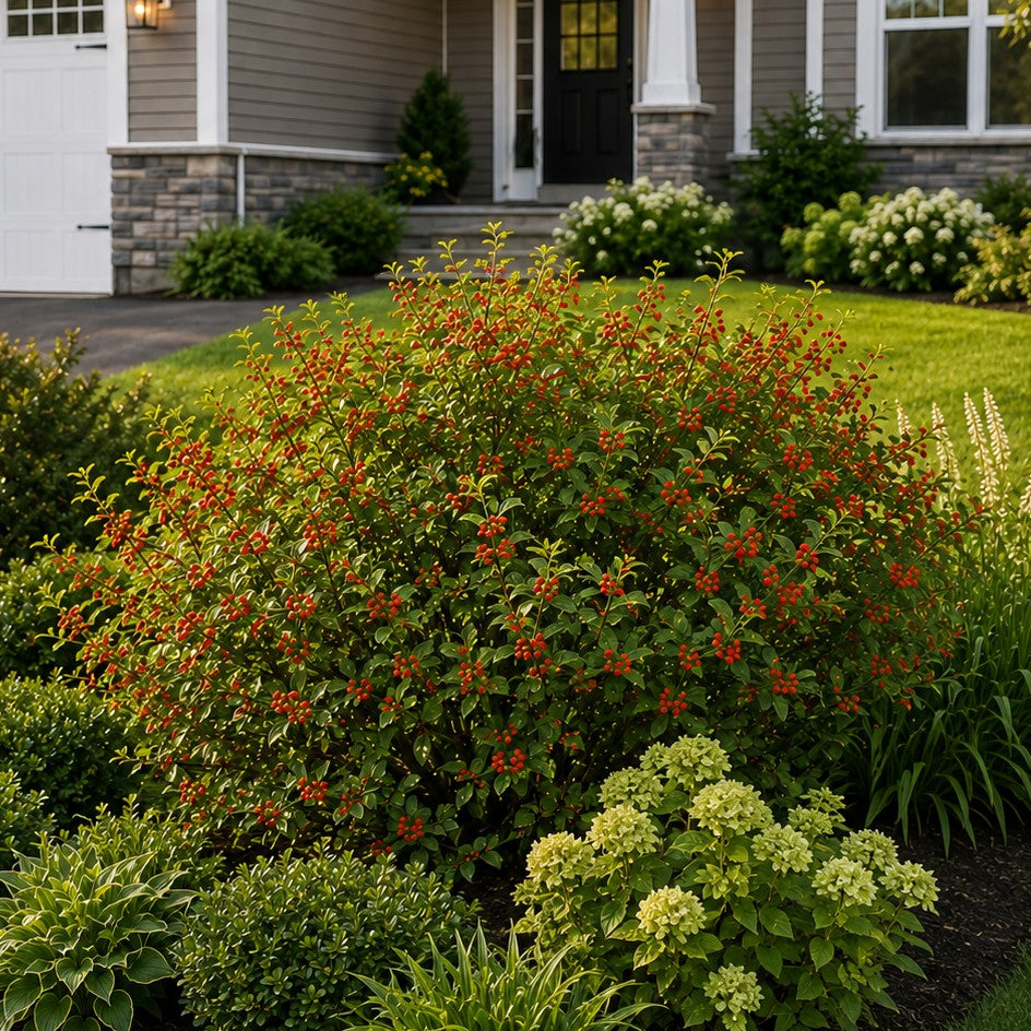 Almanac Planting Co: Red Sprite Winterberry forming a compact rounded shrub with red berries and green foliage in an upscale foundation garden