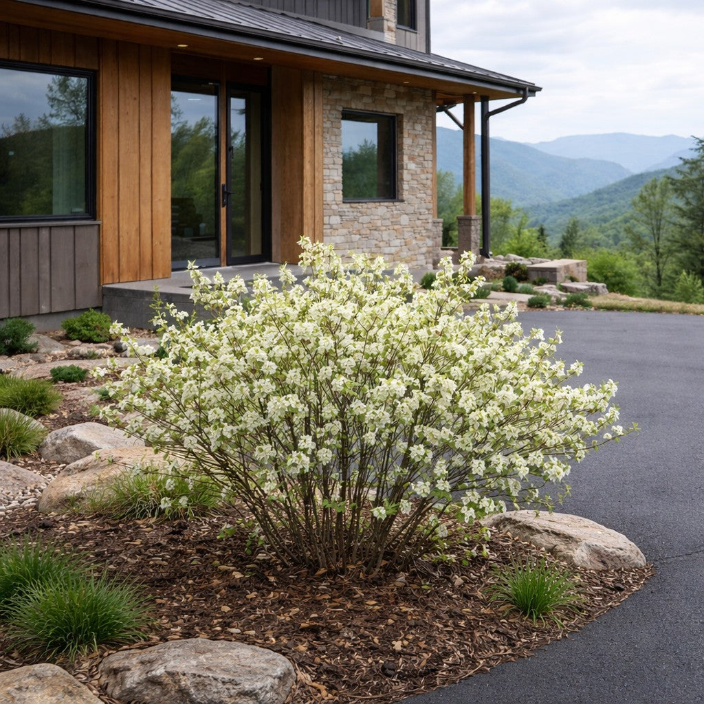 Almanac Planting Co: Amelanchier spicata running serviceberry shrub in bloom planted in modern mountain home landscape with paved driveway