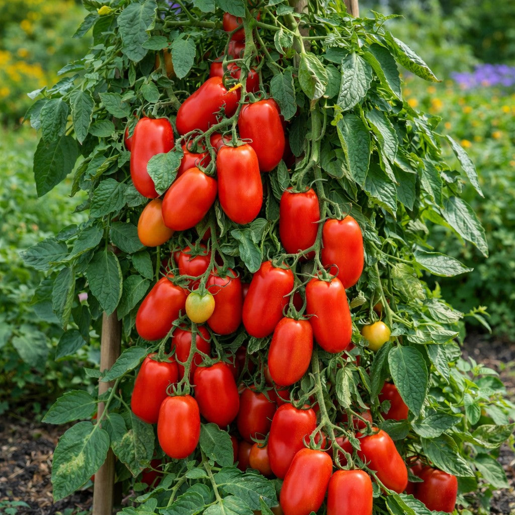 Almanac Planting Co: San Marzano tomato plant with clusters of elongated red plum tomatoes growing on vine