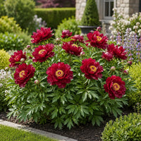 Almanac Planting Co: Scarlet Heaven Itoh Peony covered in vivid scarlet-red flowers and buds in an upscale perennial garden