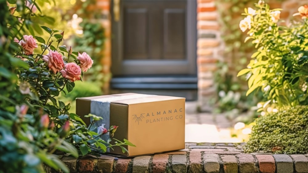 An Almanac Planting Co Branded Box Sitting on a Brick Wall Surrounded by Plants with a House Door and Front Porch in the Background
