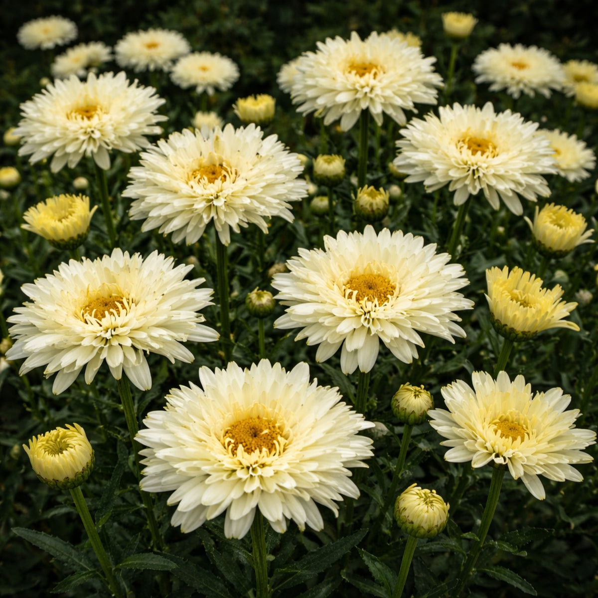 Almanac Planting Co: Leucanthemum ‘Goldfinch’ Shasta Daisy creamy yellow blooms with golden centers in summer garden