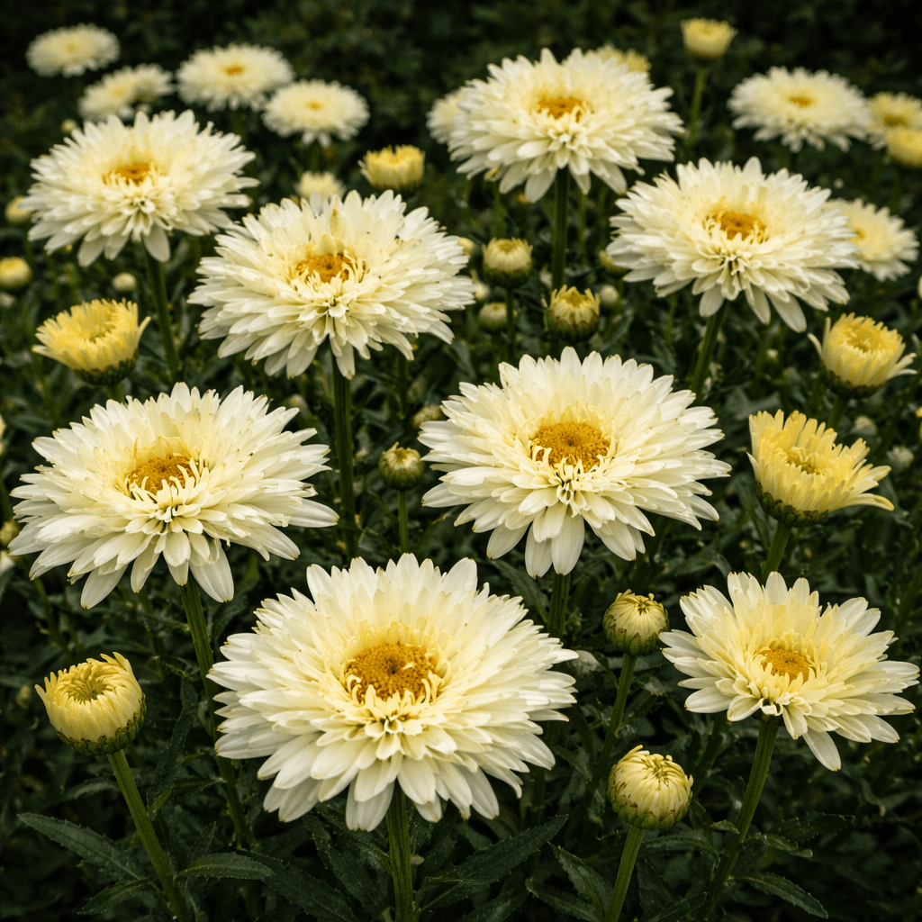 Almanac Planting Co: Leucanthemum ‘Goldfinch’ Shasta Daisy creamy yellow blooms with golden centers in summer garden