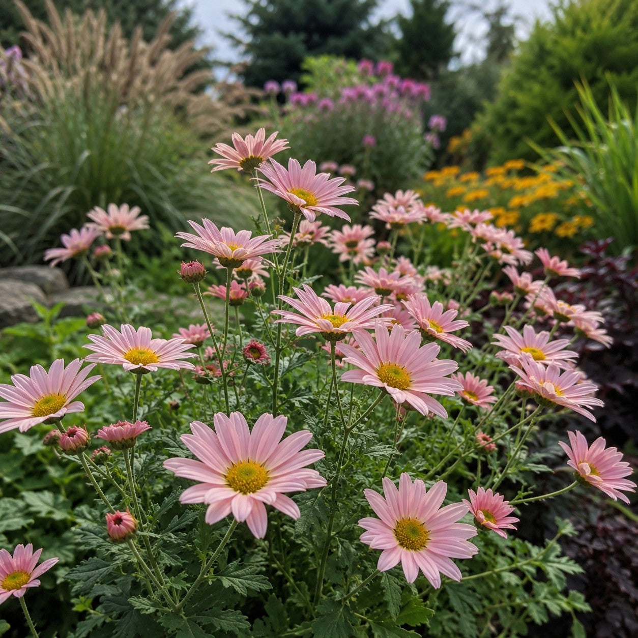 Almanac Planting Co: Sheffield Pink Hardy Mum blooming naturally among mixed perennials and ornamental grasses in a garden bed