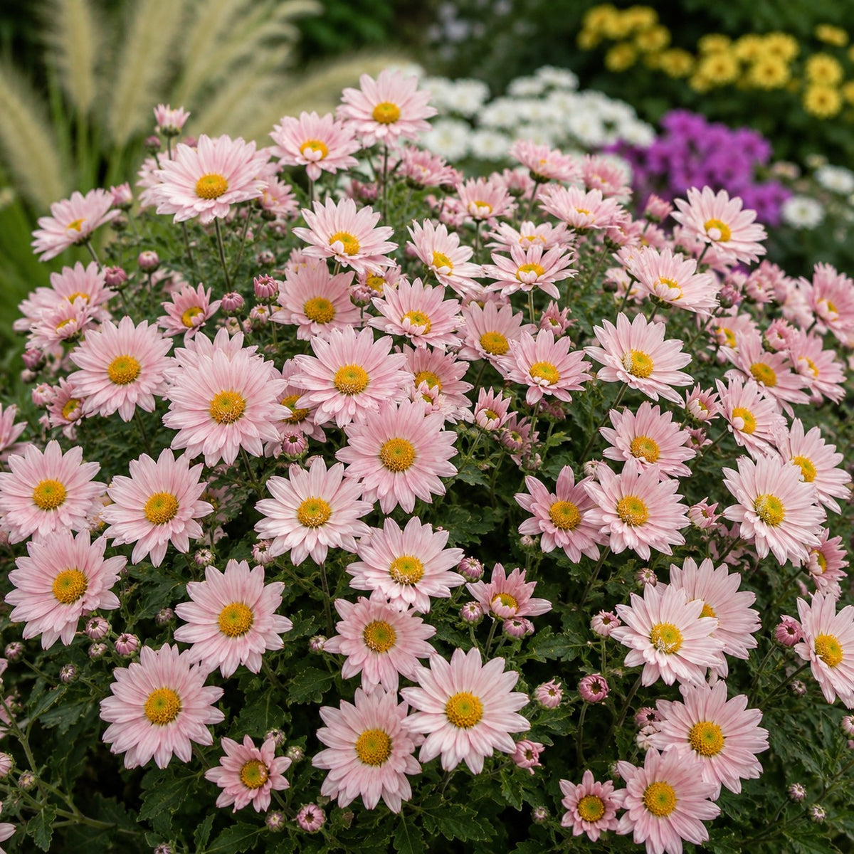 Almanac Planting Co: Sheffield Pink Hardy Mum forming a broad mound covered in pale pink daisy-like flowers with golden centers