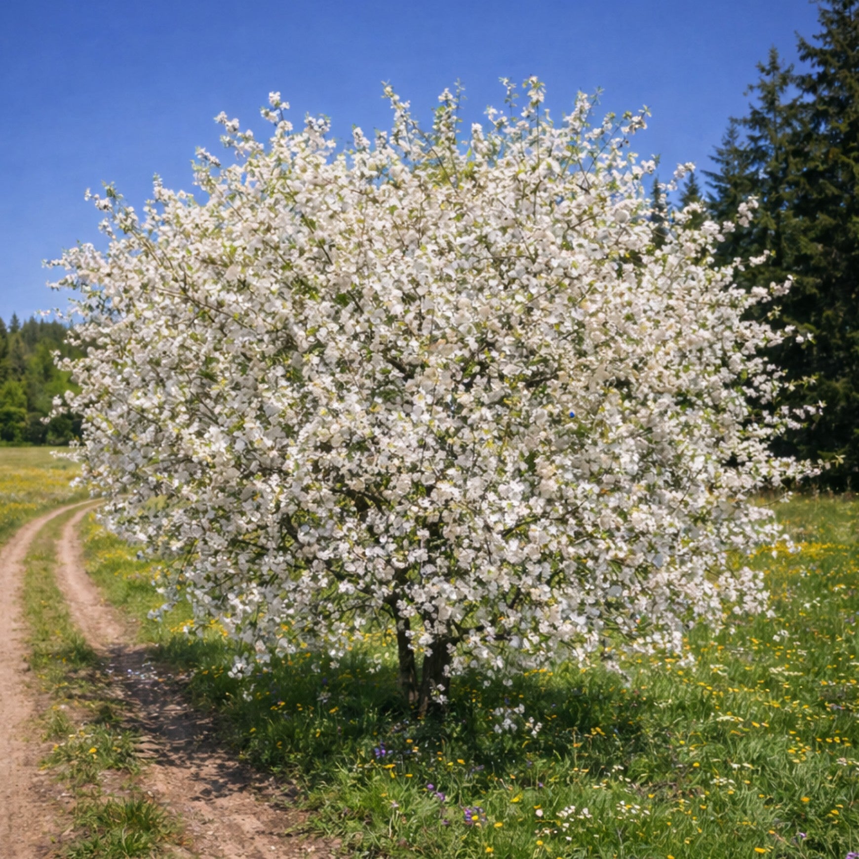 Almanac Planting Co: Crimson Passion shrub cherry covered in white spring blossoms growing as a compact flowering fruit shrub