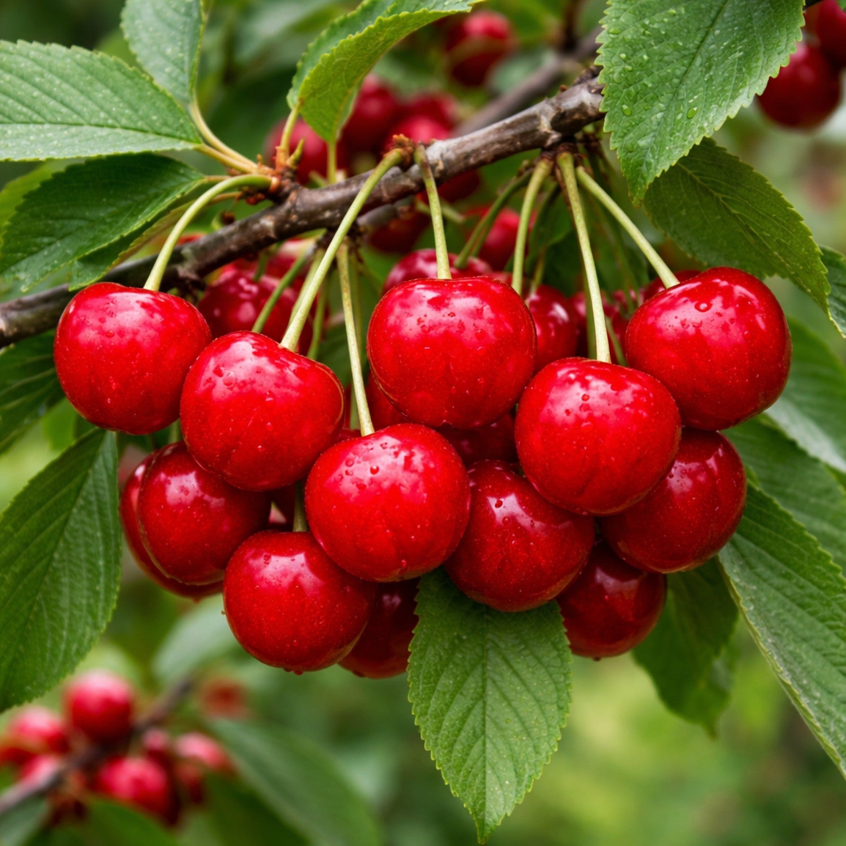 Almanac Planting Co: Cluster of ripe deep red cherries growing on a Crimson Passion shrub cherry branch