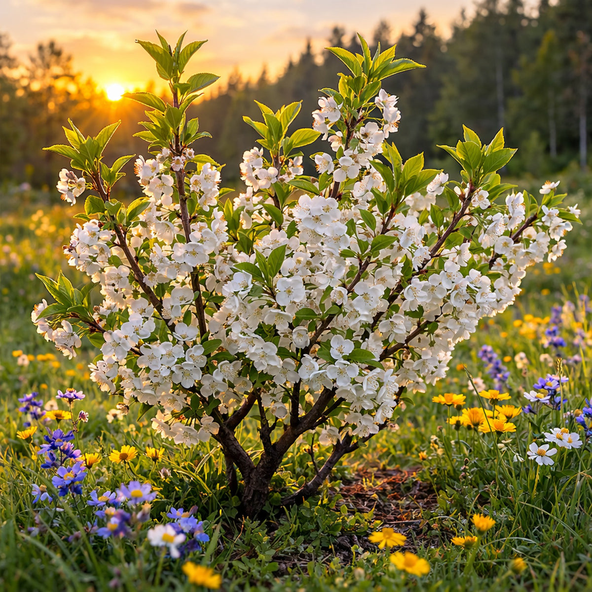 Almanac Planting Co: Cutie Pie shrub cherry covered in white spring blossoms growing as a compact flowering fruit shrub