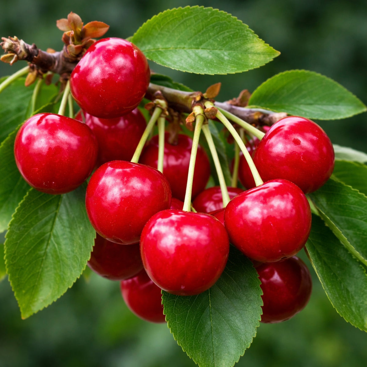 Almanac Planting Co: Close-up of ripe red cherries hanging on a Cutie Pie shrub cherry branch
