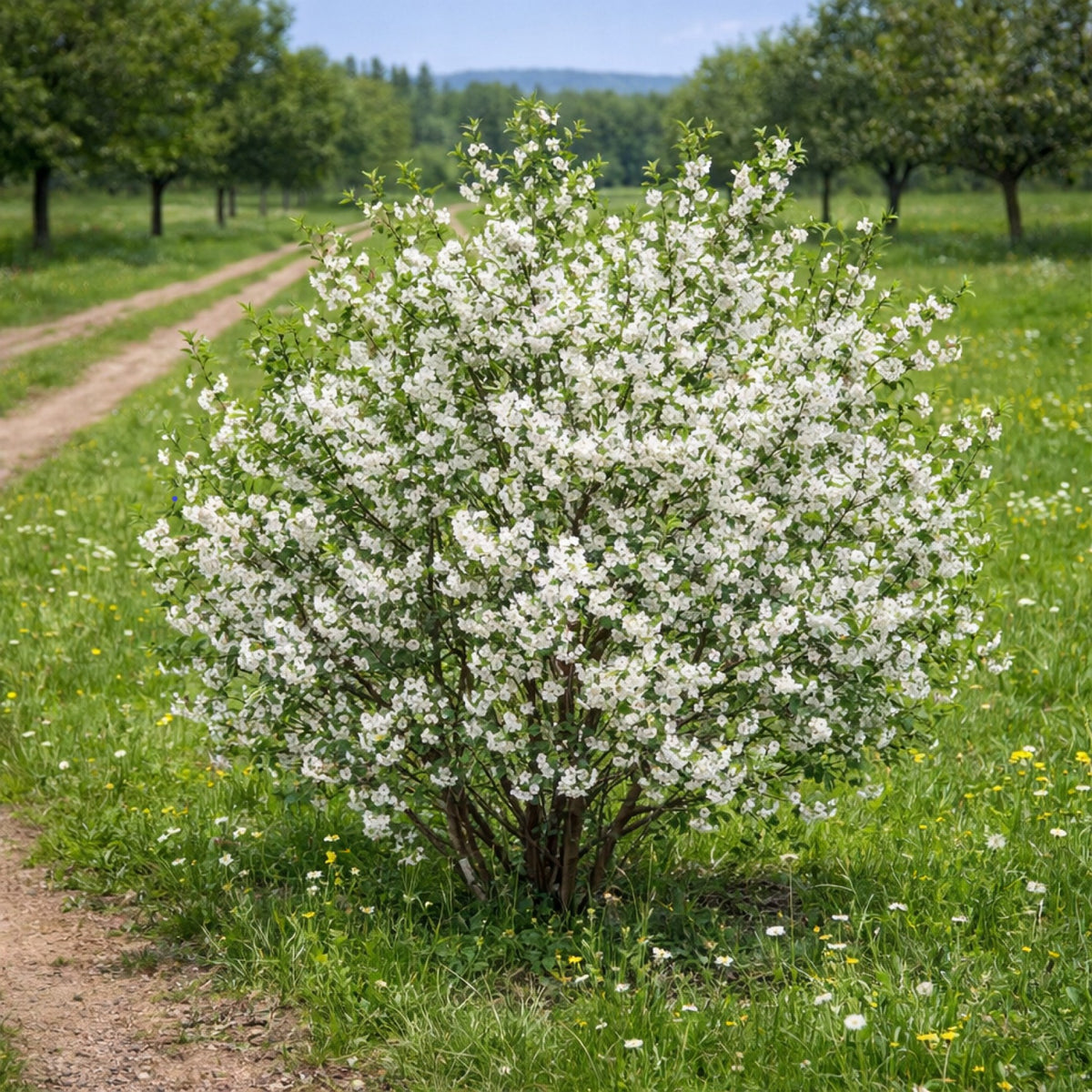 Almanac Planting Co: Valentine shrub cherry covered in white spring blossoms growing as a compact flowering shrub in an orchard planting