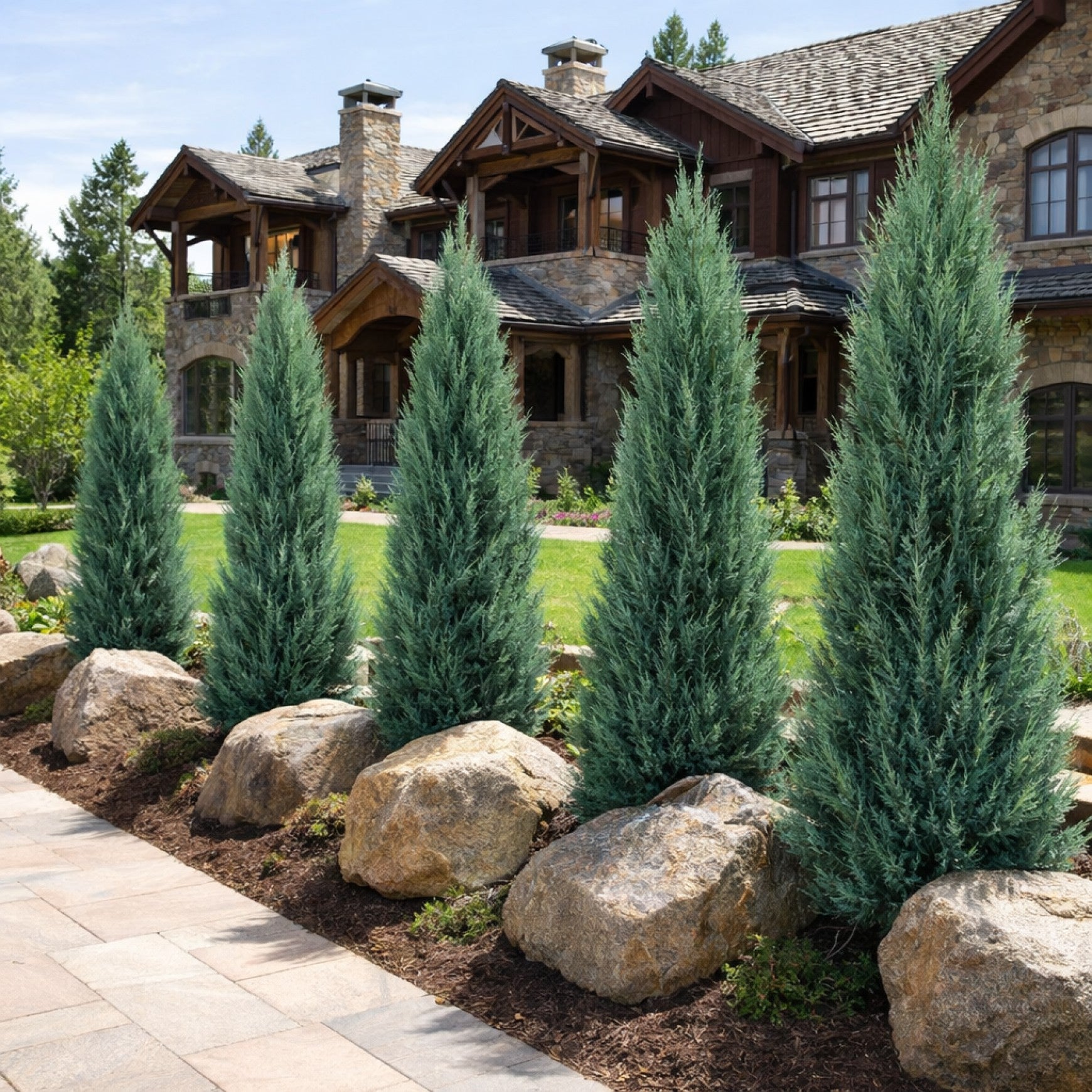 Almanac Planting Co: Skyrocket Juniper (Juniperus scopulorum 'Skyrocket') planted in a modern landscape with upright narrow evergreen trees and decorative boulders