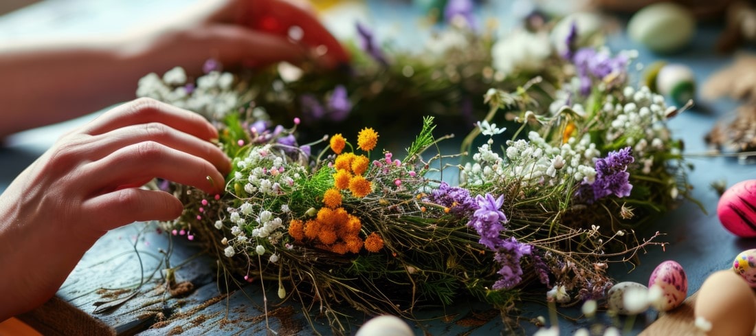 Almanac Planting Co Spring Wreath Collection. The handmaking of a decorative wreath.