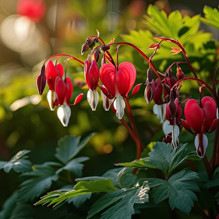 Almanac Planting Co: A serene garden scene featuring the 'Valentine' Bleeding Heart (Dicentra 'Valentine'), its vibrant red blooms suspended above lush green foliage, bathed in soft sunlight, perfect for garden enthusiasts looking to add a pop of color to shaded areas.
