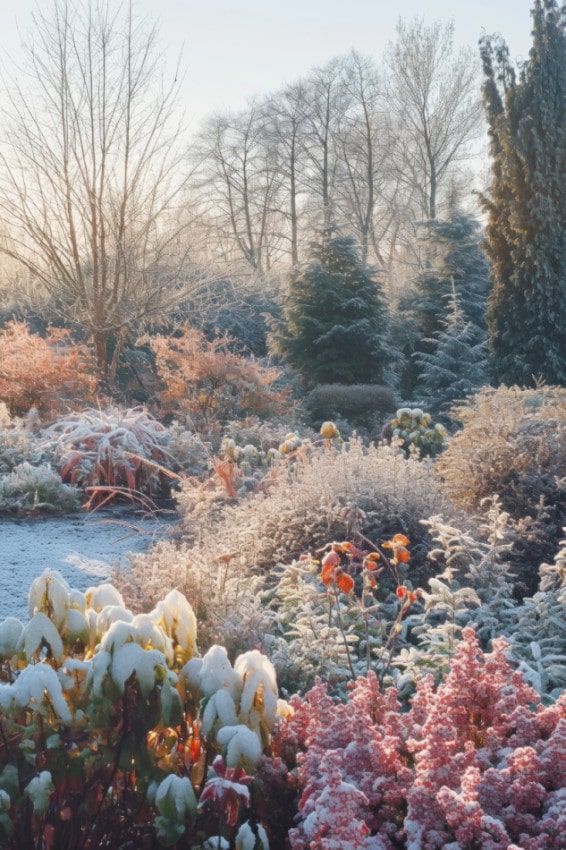 Almanac Planting Co: Frost-Kissed Winter Garden Landscape at Sunrise