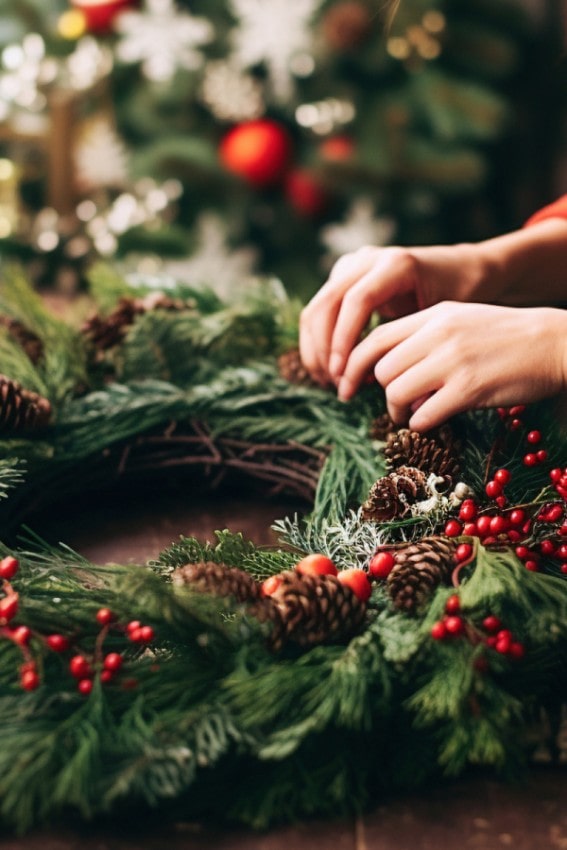 Almanac Planting Co: Handcrafted Winter Wreath Being Made with Evergreens, Pinecones, and Red Berries