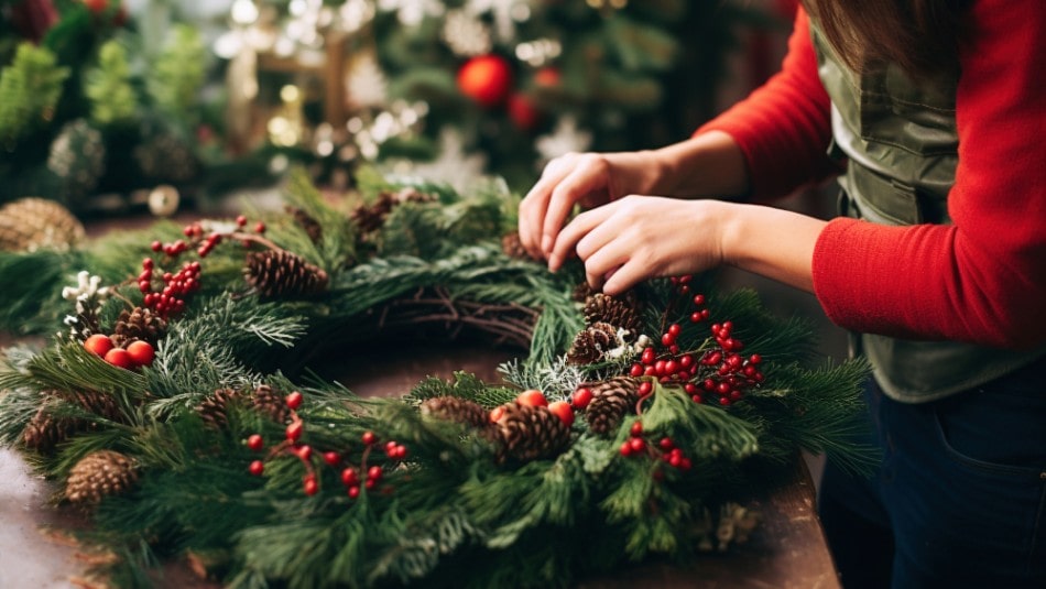 Almanac Planting Co: Handcrafted Winter Wreath Being Made with Evergreens, Pinecones, and Red Berries