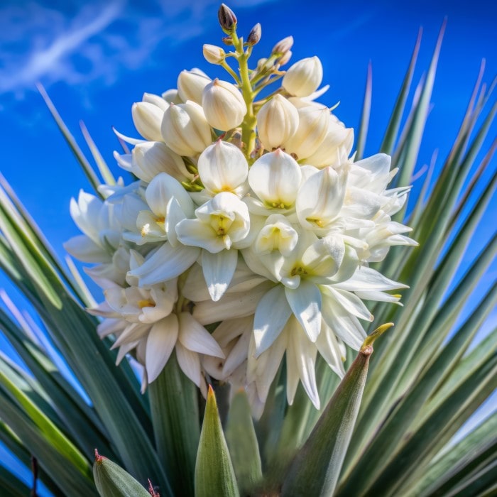 Almanac Planting Co: Blooming Yucca 'Blue Sentry' (Yucca rigida) against a clear blue sky, showcasing its elegant cluster of white flowers, perfect for adding a striking visual contrast in rock gardens or southwestern landscapes. This image highlights the plant's appeal during its flowering season, which attracts pollinators and adds to biodiversity.