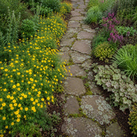 Almanac Planting Co: Zagreb Threadleaf Coreopsis lining one side of a lichen-covered stone garden path with mixed perennials opposite