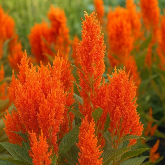 Almanac Planting Co: Bright Orange Sunday celosia flowers with upright, flame-like plumes