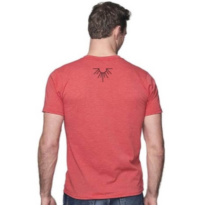 The back side of the Almanac Planting Co Tee Shirt. It is being modeled on a man who is standing with his arms to the side. There is the Almanac Planting Logo "Sun" icon between the mans shoulder blade area.