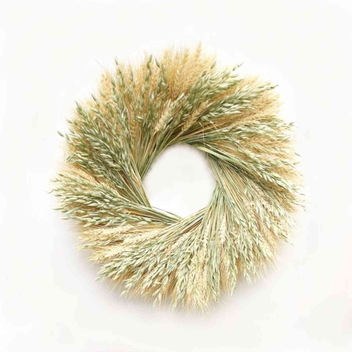 The Blonde Green Wreath. Handmade with: blonde wheat, and green wheat. (A zoomed out image)