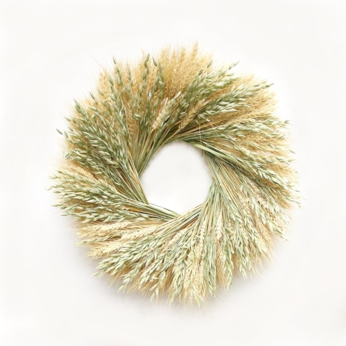 The Blonde Green Wreath. Handmade with: blonde wheat, and green wheat. (A zoomed out image)