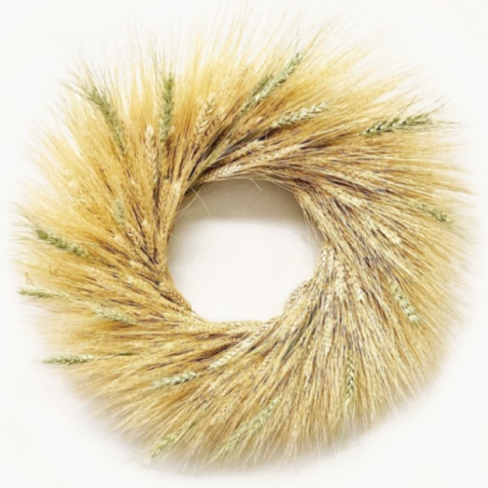 The Blonde Green Wreath. Handmade with: blonde wheat, and green wheat. (A zoomed in image)
