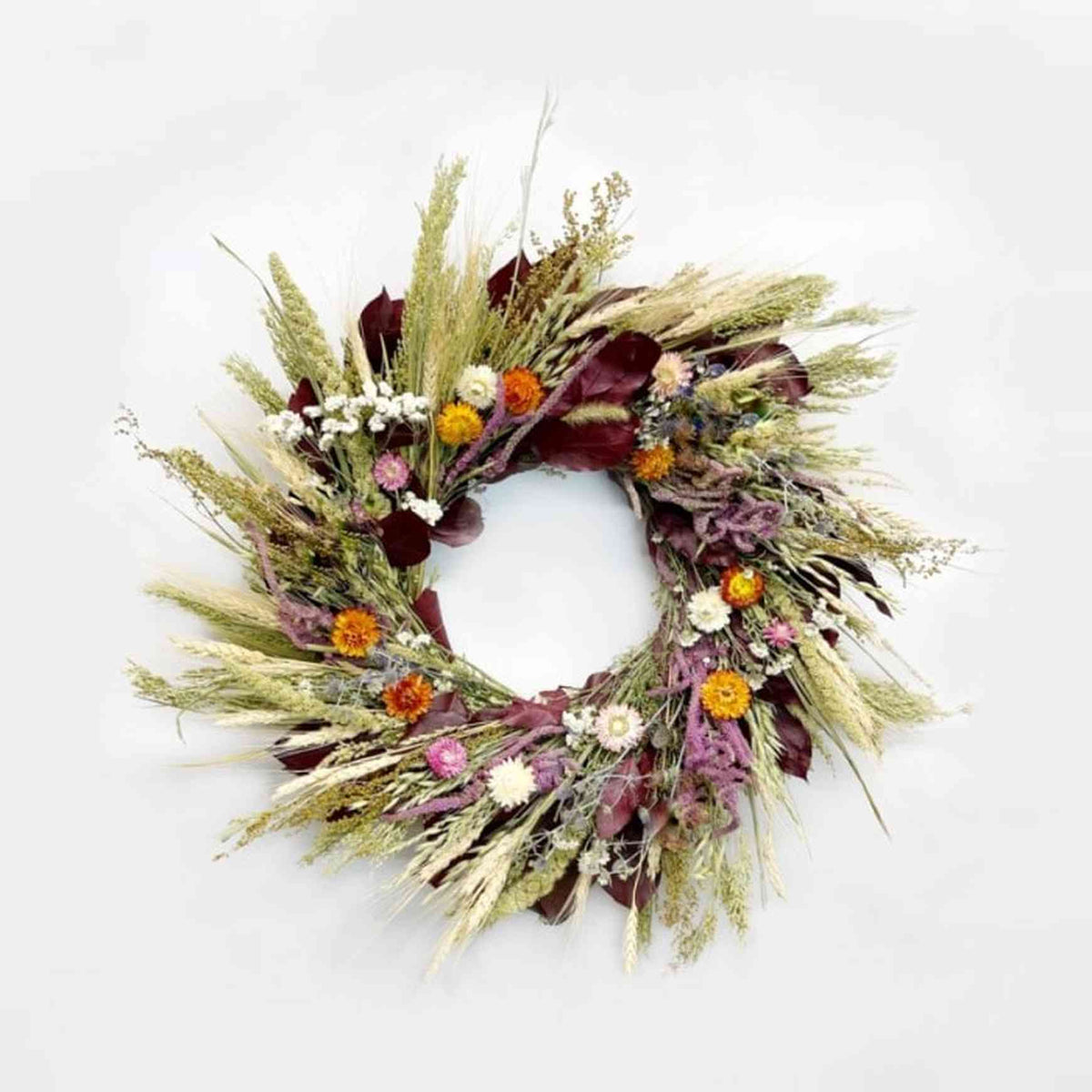 The Burgundy Statice Wreath. Made with: preserved burgundy salal, avena oats, blonde wheat, sweet annie, prosso millet, heirloom millet, rattail statice, eryngium, pearly everlasting, and strawflowers. (zoomed out image)