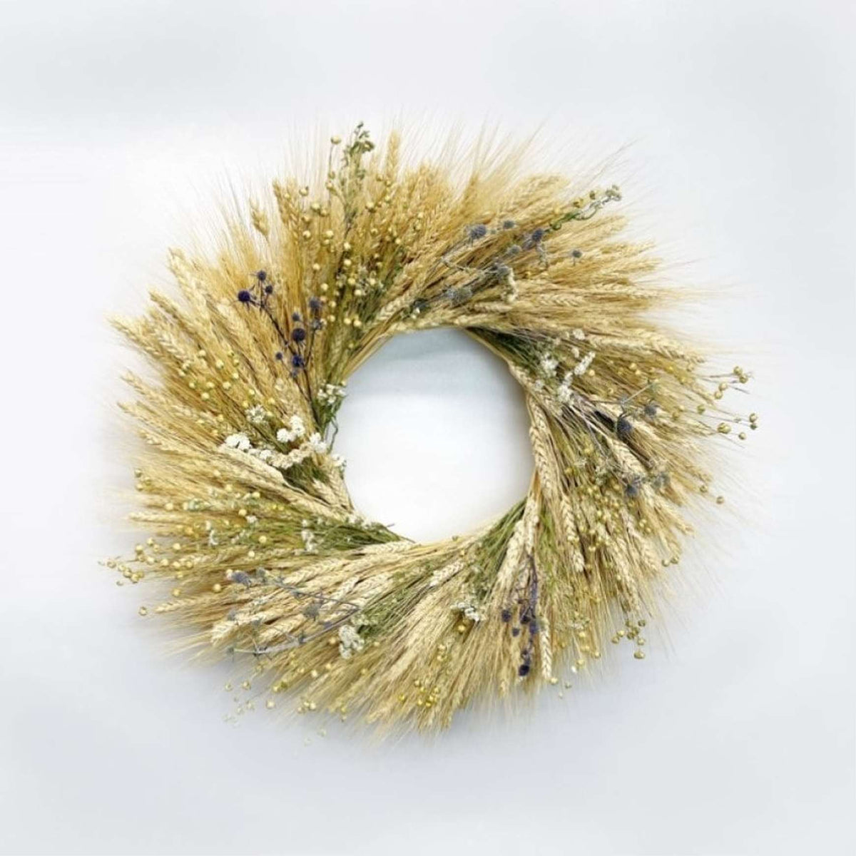 Almanac Planting Co. fresh wreath made with blonde wheat, pearly everlasting, flax, and eryngium.