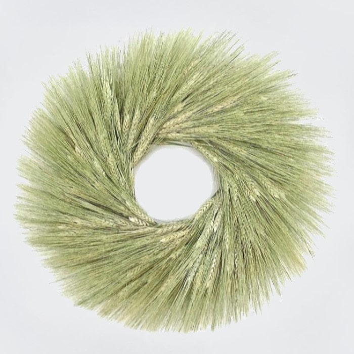 A handmade fresh wreath made with green wheat.