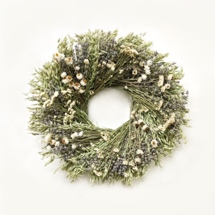 The Lavender Oat Wreath. Handmade with: avena oats, lavender, ammobium, and pearly everlasting. (A zoomed out image)