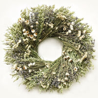 The Lavender Oat Wreath. Handmade with: avena oats, lavender, ammobium, and pearly everlasting. (A zoomed in image)