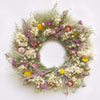 The Limelight Statice Wreath. Handmade with: green wheat, avena oats, nigella, sinuata statice, rattail statice, limelight hydrangea, and strawflowers! (A zoomed in image)
