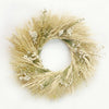 A fresh, hand made wreath of blonde wheat, flax, sinuata statice, and pearly everlasting.