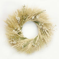 A fresh, hand made wreath of blonde wheat, flax, sinuata statice, and pearly everlasting.