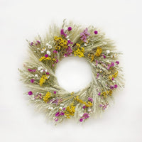 The Tansy Amaranth Wreath. Handmade with: green wheat, avena oats, tansy, sinuata statice, globe amaranth, and ammobium. (A zoomed out image)