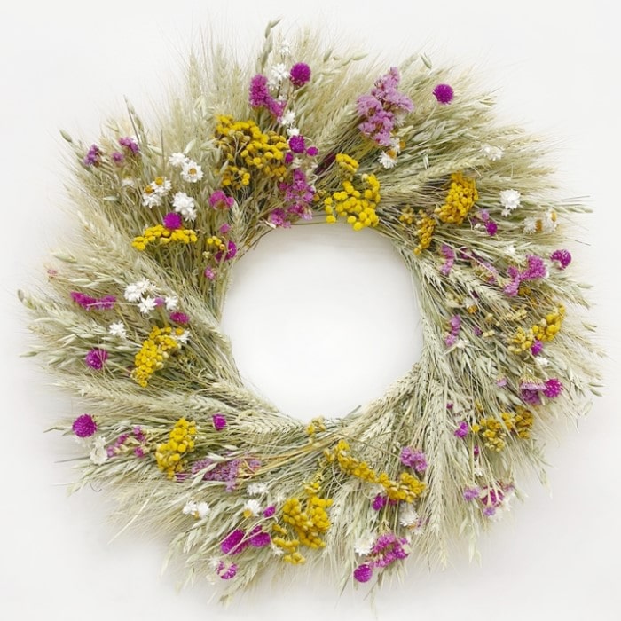 The Tansy Amaranth Wreath. Handmade with: green wheat, avena oats, tansy, sinuata statice, globe amaranth, and ammobium. (A close up image)
